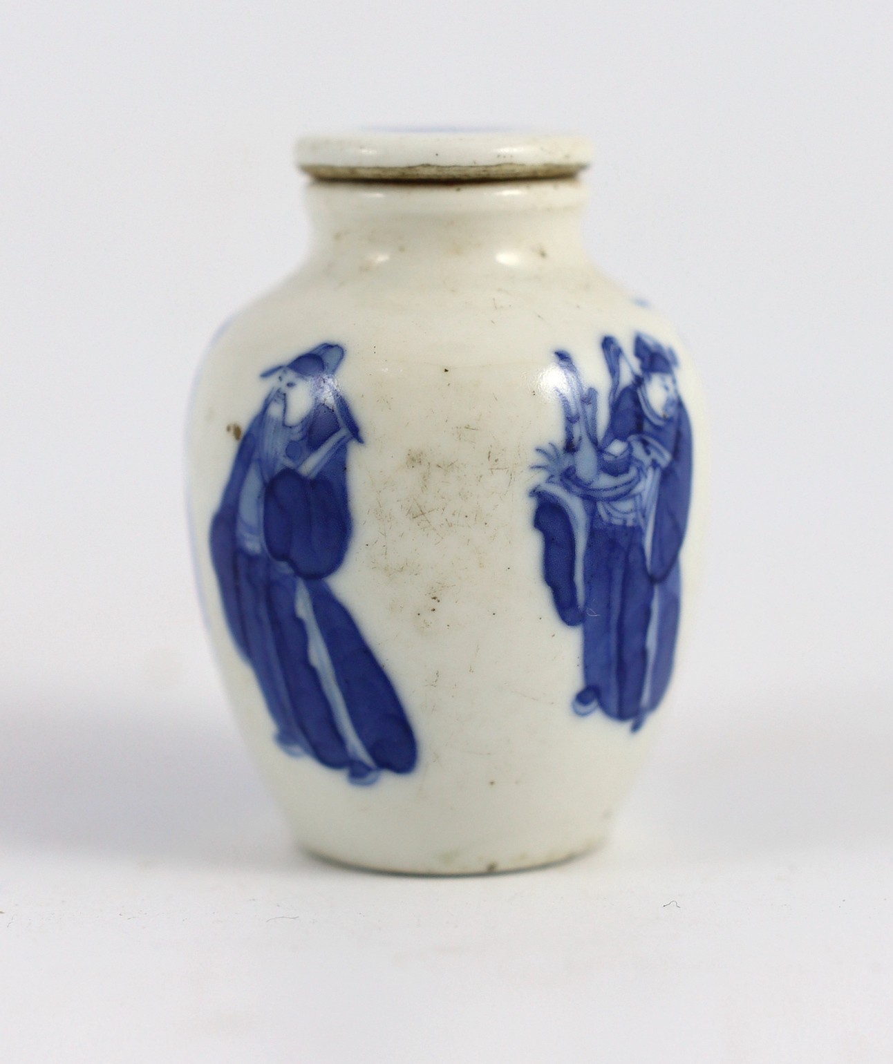 A Chinese blue and white 'scholars' snuff bottle and original stopper, 19th century, 5.8 cm high